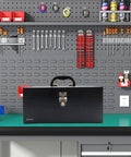 16 Inch Portable Metal Toolbox Built To Last, 18 Gauge Steel With Locking Latch on workshop bench