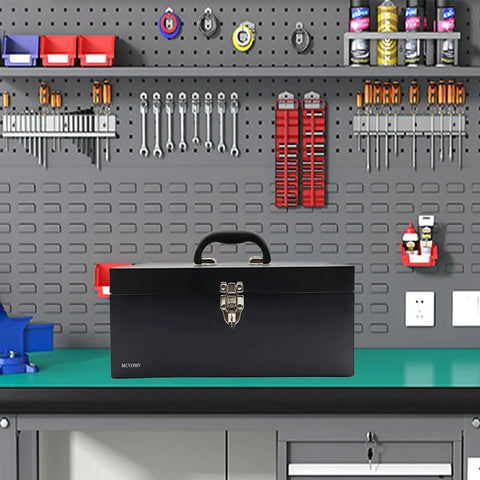 16 Inch Portable Metal Toolbox Built To Last, 18 Gauge Steel With Locking Latch on workshop bench