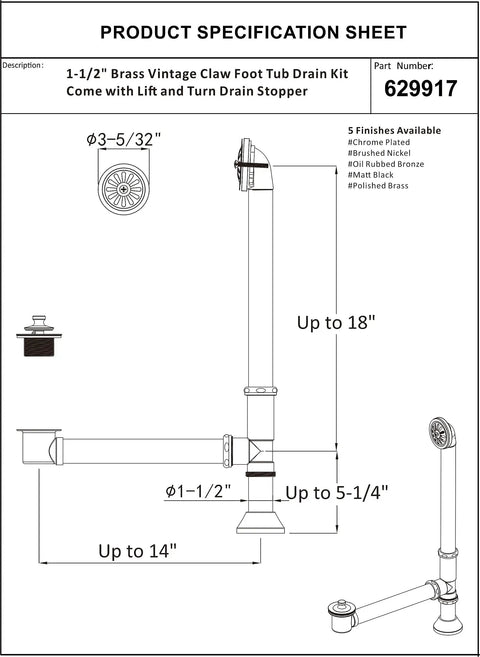 Product specification sheet for Vintage Claw Foot Tub Drain Kit With Lift And Turn Stopper, Solid Brass Build, 1-1/2 Inch Overflow Assembly.