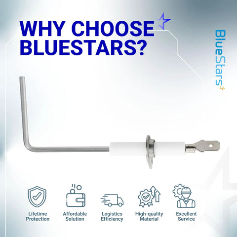 BlueStars furnace flame sensor replacement part with white ceramic insulator and L-shaped metal sensing rod.