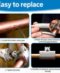 1” x 3” stainless steel pipe repair clamp with one bolt on copper water pipe; four-step installation guide.