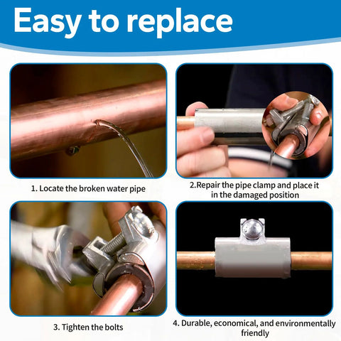 1” x 3” stainless steel pipe repair clamp with one bolt on copper water pipe; four-step installation guide.