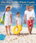 Family with XL Mesh Beach Bag Tote for Kids and Family Ultra Lightweight See Through Bag for Toys Towels Groceries on a sunny beach