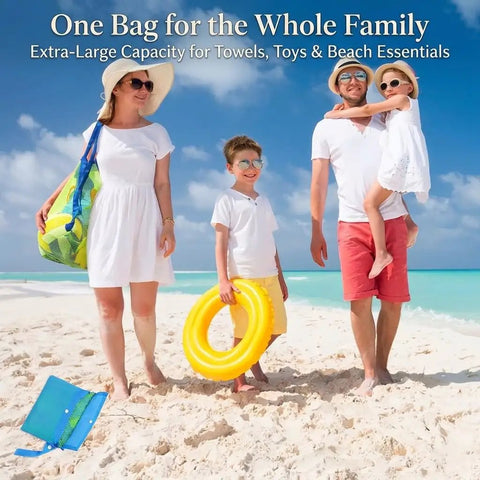 Family with XL Mesh Beach Bag Tote for Kids and Family Ultra Lightweight See Through Bag for Toys Towels Groceries on a sunny beach