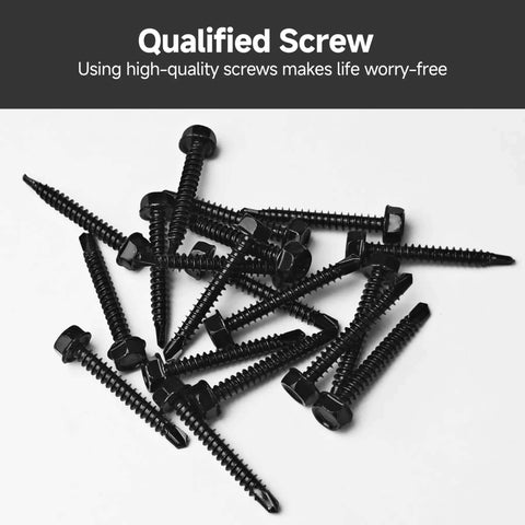 410 Stainless Steel Self Drilling Screws Kit For Metal With Hex Head And Black Oxide Finish Pro Grade, scattered screws display.
