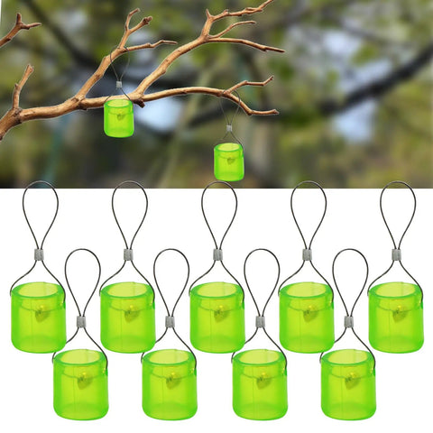 Slingshot Target Bells Set 10 Pieces Loud Bangin Bell Feedback Targets in green with hanging loops for shooting practice.