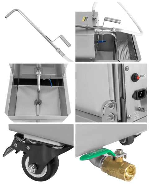 Built Tough Mobile Fryer Oil Filter 370W Commercial Oil Filtration Cart 14.5 Gallon components, stainless steel valve, caster, and hose.