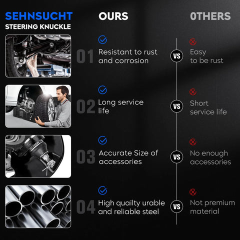 Comparison chart of Sehnsucht steering knuckle highlighting benefits over others, including rust resistance and durable steel.