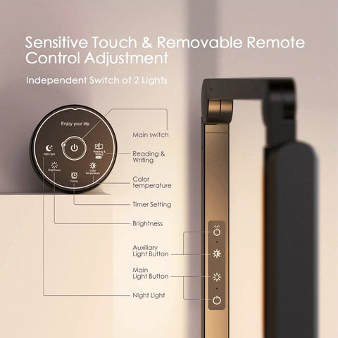 Lit LED Desk Lamp With Clamp And Remote Control showing sensitive touch and dual light options.