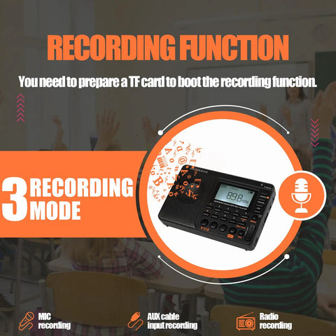 Compact Digital Shortwave Radio With AM FM SW Bands showing recording modes with TF card requirement.