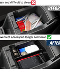 Before and after view of a Subaru Forester Center Console Organizer 2025 2026 ABS Armrest Tray Insert organizing items neatly.