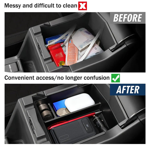 Before and after view of a Subaru Forester Center Console Organizer 2025 2026 ABS Armrest Tray Insert organizing items neatly.