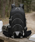 Dope Lightweight Hiking Backpack For Camping And Day Hikes on a wooden table in forest setting, with padded straps and zippers visible