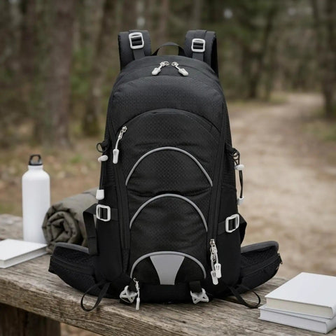 Dope Lightweight Hiking Backpack For Camping And Day Hikes on a wooden table in forest setting, with padded straps and zippers visible