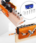 Adjustable Doweling Jig Kit For Perfectly Aligned Holes, Biscuit Joiner Set With Six Guide Bushings in orange and blue.