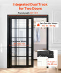 Image of Dual Track Bypass Sliding Door Hardware Kit for Closet Doors, 5 ft aluminum alloy system installed, showing measurements.