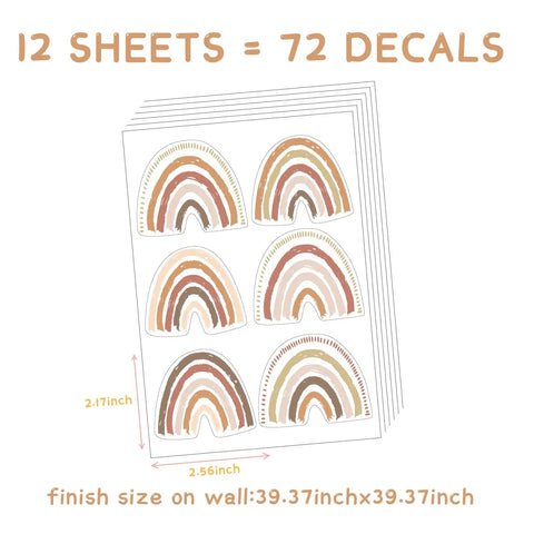 Image of 12 sheets with 72 Piece Small Boho Rainbow Wall Decals Peel And Stick Set With 12 Sheets Self Adhesive Colorful Rainbow Wall Stickers For Girls Bedroom Decor Nursery And Kids Rooms Each 2.56 Inch By 2.17 Inch dimensions.