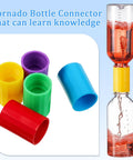 Tornado Bottle Connectors Kit For Demonstrations And DIY Science Experiments, Vortex Tubes In 5 Colors, 100 Pcs Compatible With Most PET Bottles, Great For Teaching Labs And Fun Home Experiments, Strong Long Lasting Vortex shown with colored connectors and two connected PET bottles with liquid.