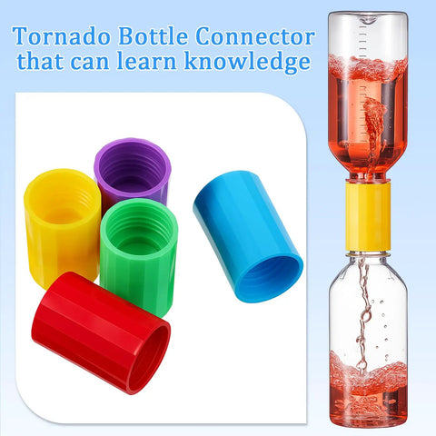 Tornado Bottle Connectors Kit For Demonstrations And DIY Science Experiments, Vortex Tubes In 5 Colors, 100 Pcs Compatible With Most PET Bottles, Great For Teaching Labs And Fun Home Experiments, Strong Long Lasting Vortex shown with colored connectors and two connected PET bottles with liquid.