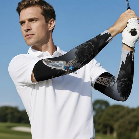 Stay Cool As Ice All Summer With These Dope Butterfly Arm Sleeves Featuring Breathable Ice Silk Material And Flexible Fit for sun protection during golf.