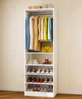 Space Saving Closet System With Two Hanging Rods And Four Shelves, 23.7 W X 15.8 D X 81 H, White, showing hanging clothes and shoes