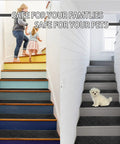 Non Slip Carpet Stair Treads for Indoor Steps 15 Pack 8 by 30 Inch with Reusable Adhesive Safe for Elders Kids and Dogs Grey Non Skid Stair Runner Mats installed on stairs with child and dog.
