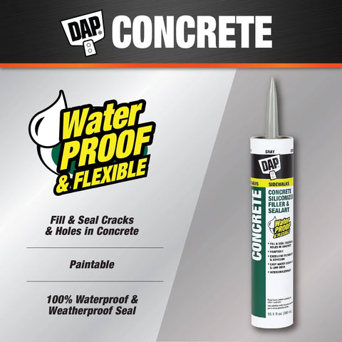 Dap concrete and mortar filler and sealant in gray tube for interior and exterior, waterproof and flexible, text details on side