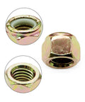 Close-up of Coarse Thread Lock Nuts Grade 8 1/2-13 Pack Of 20 Yellow Zinc Finish Steel Nylon Insert, showing details and threads.