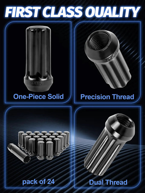 24 Pack Black XL Spline Lug Nuts M14x1.5 For 6 Lug Aftermarket Wheels With 60 Degree Conical Bulge Seat Closed End