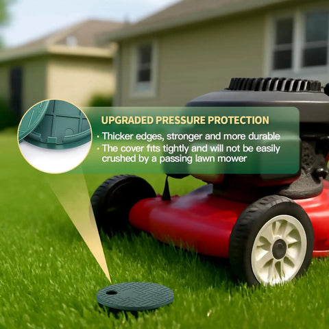 Weatherproof Sprinkler Valve Box Cover 5.5 Inch Inner Diameter 6 Inch Outer Diameter Two Pack Heavy Duty Outdoor Irrigation Valve Box Lid For Lawn And Landscaping Water System Control Durable Plastic shown in lawn with lawn mower