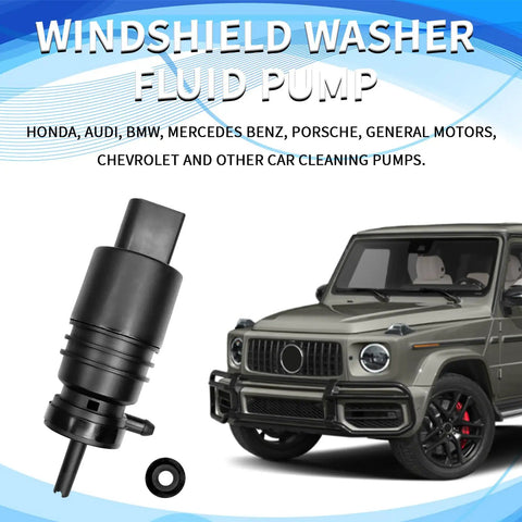Heavy Duty Windshield Washer Fluid Pump With Mounting Grommet Straight Swap Fit Auto Replacement For Bmw Mercedes Benz shown with vehicle.
