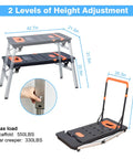 Heavy Duty Adjustable Work Bench And Rolling Tool Storage Cart With Four Locking Caster Wheels Transforms Into Sawhorse Scaffold And Hand Truck For Badass Shop Rigs, showing height adjustment and dimensions.