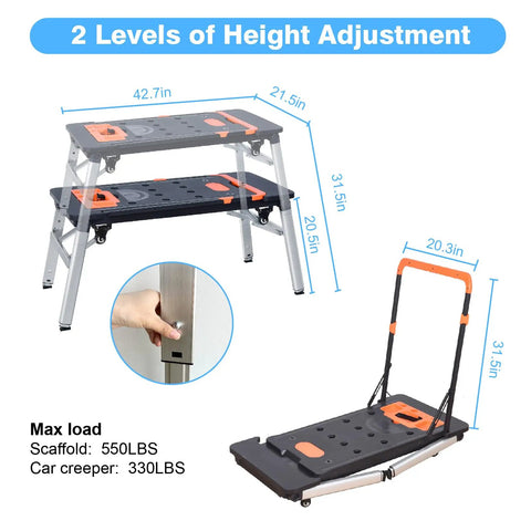 Heavy Duty Adjustable Work Bench And Rolling Tool Storage Cart With Four Locking Caster Wheels Transforms Into Sawhorse Scaffold And Hand Truck For Badass Shop Rigs, showing height adjustment and dimensions.