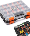 34-Compartment Double-Sided Parts Organizer With Removable Dividers showing clear lids and orange latches, ideal for storage