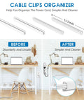 Cable clips organizer improving desk cable management before and after, with 5.12 inch clips holding cords neatly.