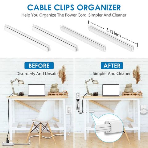Cable clips organizer improving desk cable management before and after, with 5.12 inch clips holding cords neatly.