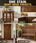 Pro Level Water Based Wood Stain For Indoor And Outdoor Projects Featuring Natural Oak Pigment And Top Shelf Matte Finish, displayed on furniture, cabinets, doors, and outdoor wood.