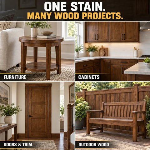Pro Level Water Based Wood Stain For Indoor And Outdoor Projects Featuring Natural Oak Pigment And Top Shelf Matte Finish, displayed on furniture, cabinets, doors, and outdoor wood.