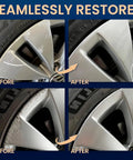 Before and after image of chrome alloy wheel damage restoration using Top Shelf Silver Rim Touch Up Paint Pen.