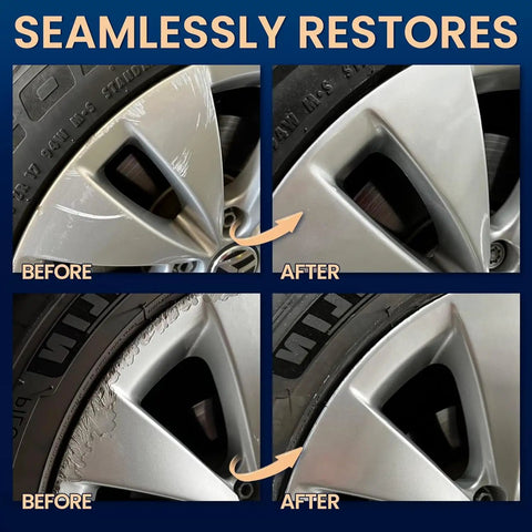 Before and after image of chrome alloy wheel damage restoration using Top Shelf Silver Rim Touch Up Paint Pen.