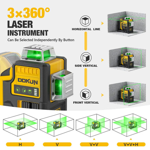 Workhorse Self Leveling Laser Level With Tripod, 3x360 Degree Laser Beams, 3D Leveler Tool For Construction And Picture Hanging, Magnetic Bracket, Hard Carry Case, Battery Not Included, Perfect For DIY Projects And Pro Jobs. 3x360° laser instrument showing horizontal and vertical beam modes