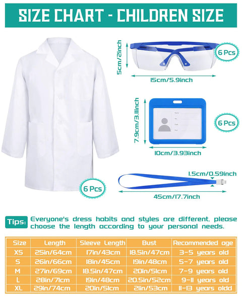 Size chart for Six Set Of White Kids Lab Coats With Goggles And ID Card Holders, 18 Piece Doctor Scientist Dress Up Kit