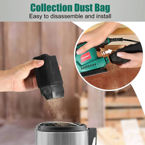Detail sander with dust collection system and sandpaper, showing Compact Electric Detail Sander With 14,000 OPM in use.