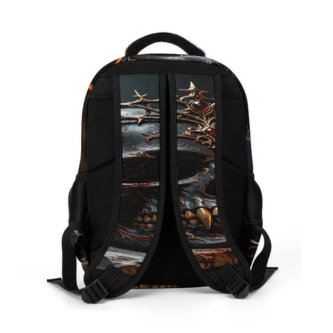 Ornate Dark Royal Skull Printed Unisex Backpack With Large Capacity, view of back straps, durable polyester, easy to clean.