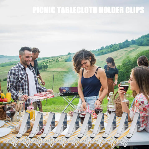 Heavy Duty Beefy Stainless Steel Tablecloth Clips 10 Pack in use at outdoor picnic; people enjoying a festive meal.
