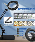 15X Magnifying Glass Lamp With Real Glass Lens And Stand featuring 5 color modes, stepless dimmable settings, and lamp control details.