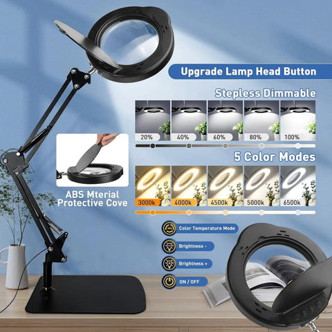 15X Magnifying Glass Lamp With Real Glass Lens And Stand featuring 5 color modes, stepless dimmable settings, and lamp control details.