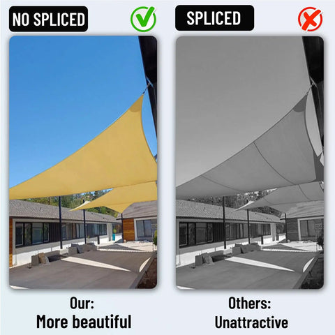 16 By 20 Ft Sun Shade Sail Rectangular Outdoor Canopy For Patio Garden Carport Backyard Deck Pergola Stay Cool All Day UV Block 95 Percent Shade 85 To 90 Percent Made From High Density Polyethylene HDPE With Rust Resistant Stainless D Rings comparison of spliced and unspliced installation