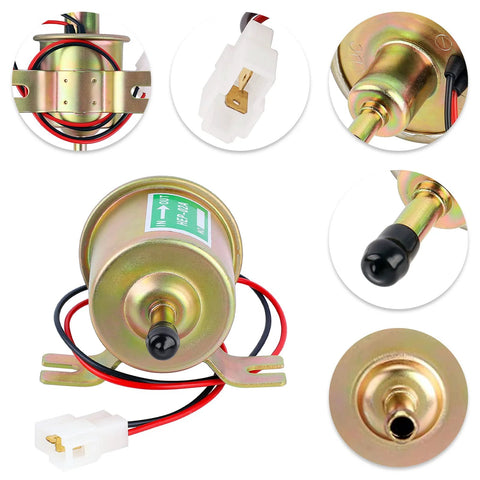 12V Inline Low-Pressure Fuel Pump Go-To Transfer Pump for gasoline and diesel engines, showing fittings and connectors