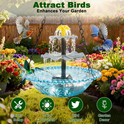 Solar Cascade Hanging Bird Bath Fountain with 3 Layer Design for Outdoor Gardens and Ponds 6 Nozzles and 10 Ft Cord Solar Powered Pump
